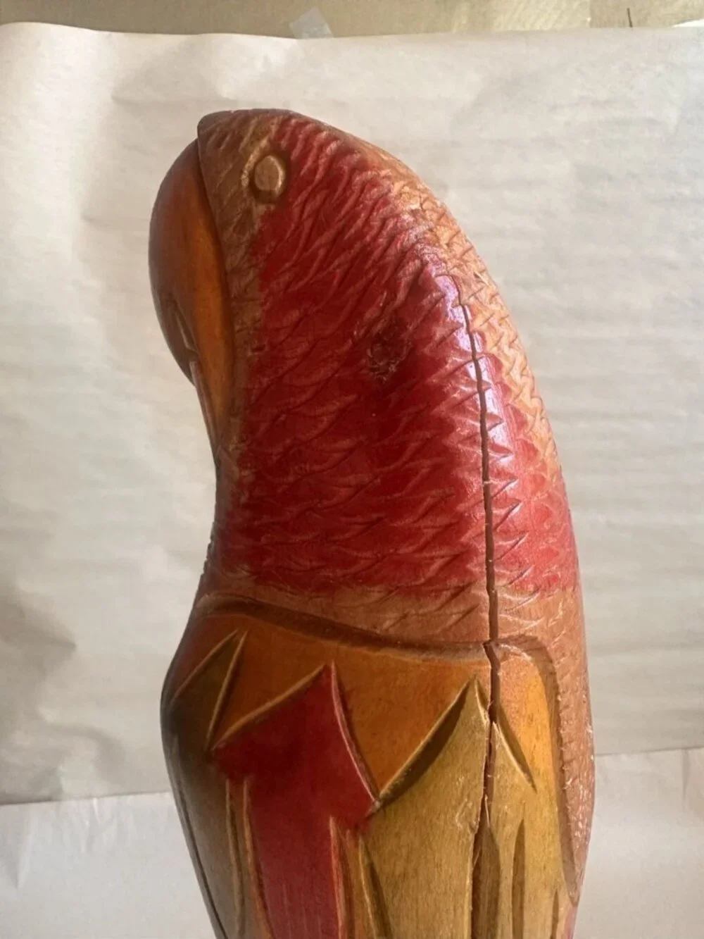 Vintage Hand Carved Wooden Parrot Sculpture 18” Tropical Folk Art Bird Coastal